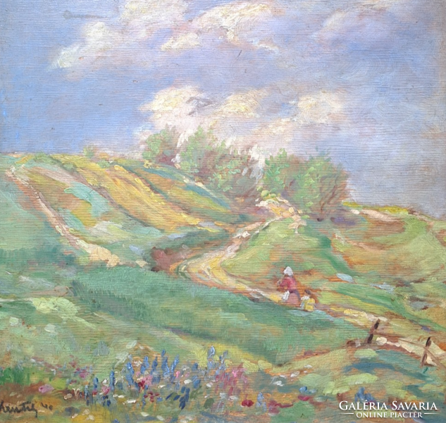 István Kastaly (1892-1991): spring landscape with wanderers - oil, wood (with frame 41.5x40 cm) excursion