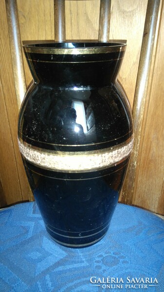 Old East German veb kunst glass zelle mehlis black hyalite mouth blown glass vase 26cm