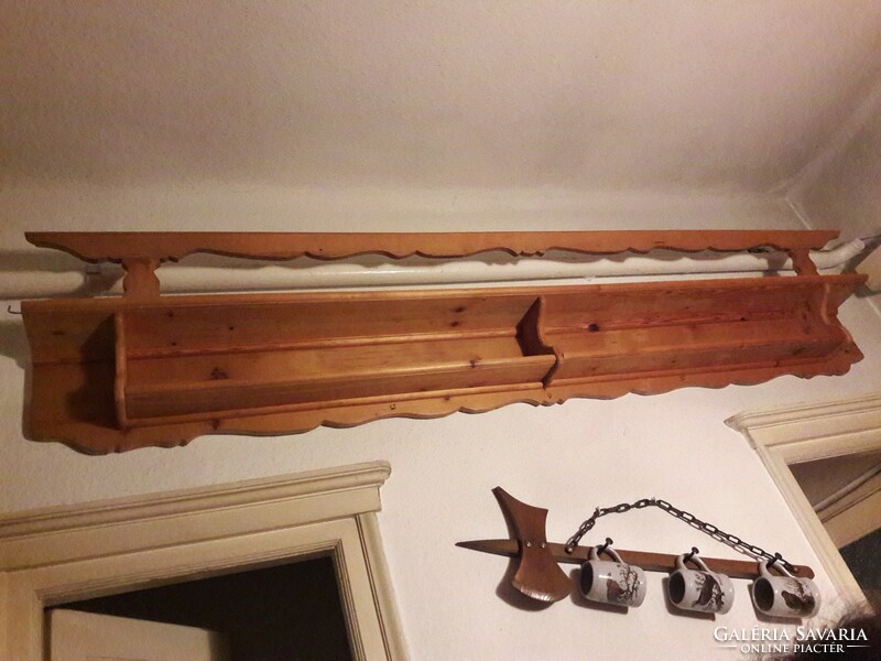 Antique old huge 240 cm wall-mounted natural pine bowl and plate shelf, renovated in perfect condition