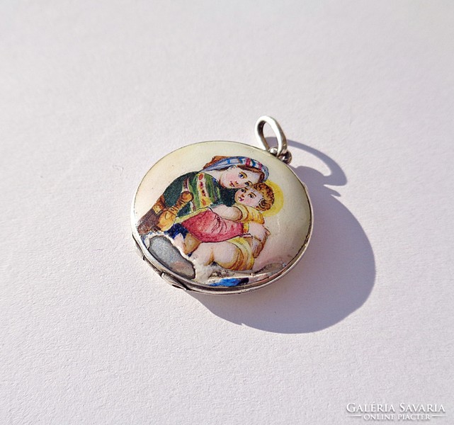 Virgin Mary with baby Jesus, hand-painted, fire enamel holy image, silver photo pendant