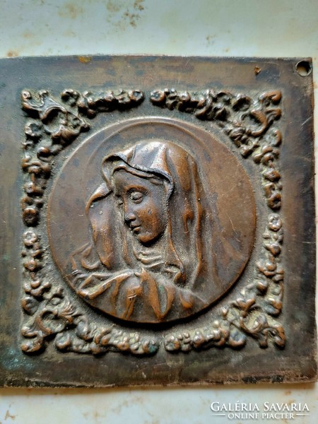 Patinás antik bronz Szűz Mária, Istenszülő plakett, ikon.