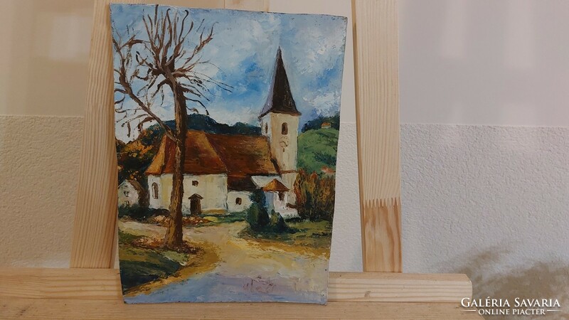 (K) painting of Magdolna village chapel with butchers (28x20 cm)