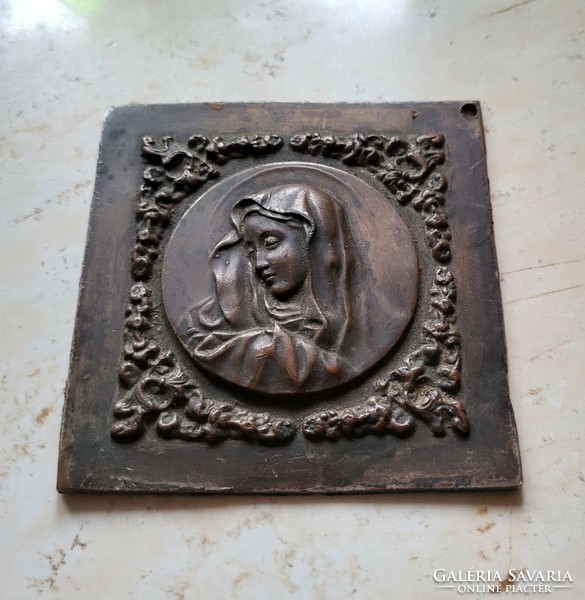 Patinás antik bronz Szűz Mária, Istenszülő plakett, ikon.