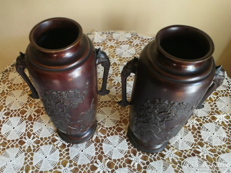 Pair of antique, oriental bronze decorative vases