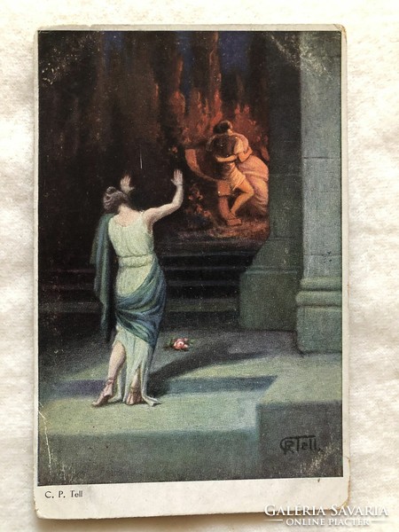 Antik romantikus C. P. TELL  képeslap - Postatiszta                           -2.