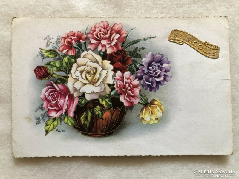 Antik, régi virágos aranyozott képeslap                                         -2.