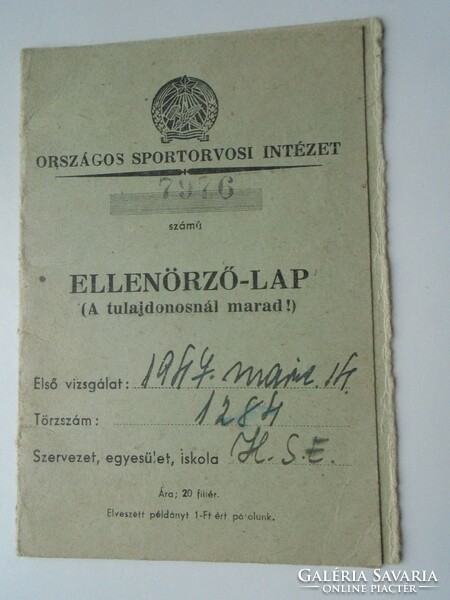 D192297   Országos Sportorvosi Intézet -Ellenörző Lap  - HSE 1947 Marcinkó László