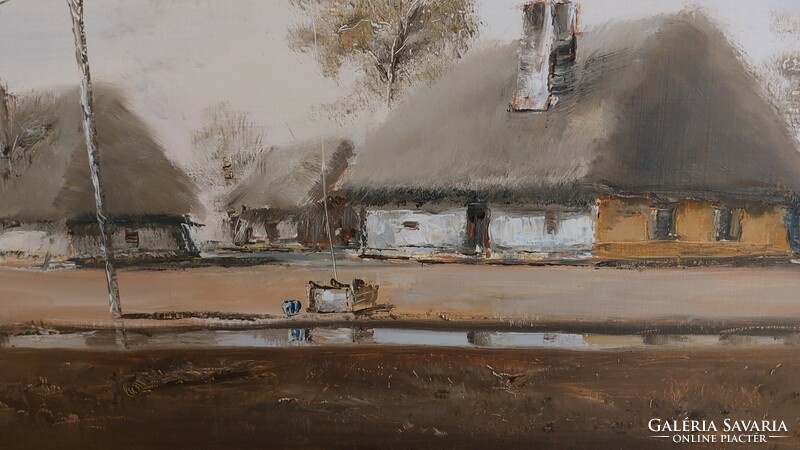 Beautiful landscape painting by László Szőcs (K) with frame 99x52 cm farm with crane