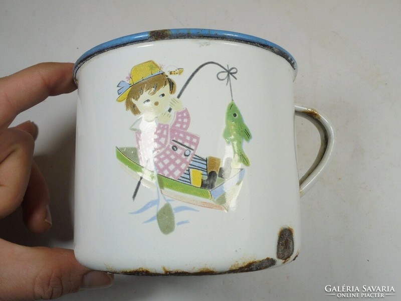 Retro old - marked Budafok - enameled children's story mug - 10.7 cm diameter