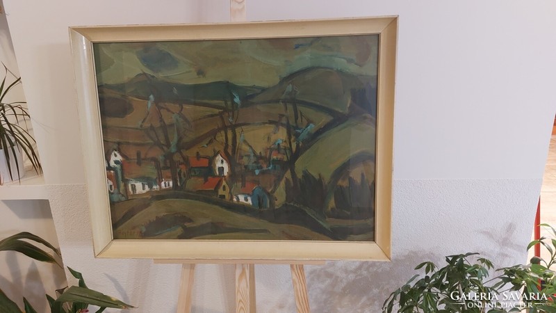 (K) Bojtor Károly képcsarnokos festménye 85x65 cm kerettel Hegyek, házak.