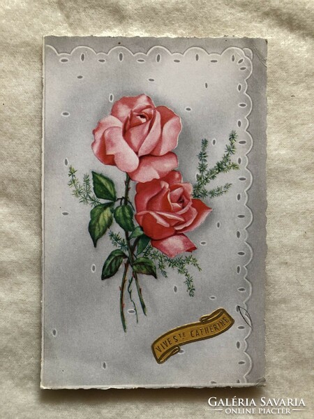 Antik, régi virágos képeslap                        -2.