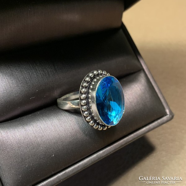 Kék köves 925 Sterling ezüstözött gyűrű Indiából 6,1/4-es méret (16,7mm átmérő) indiai gyűrű