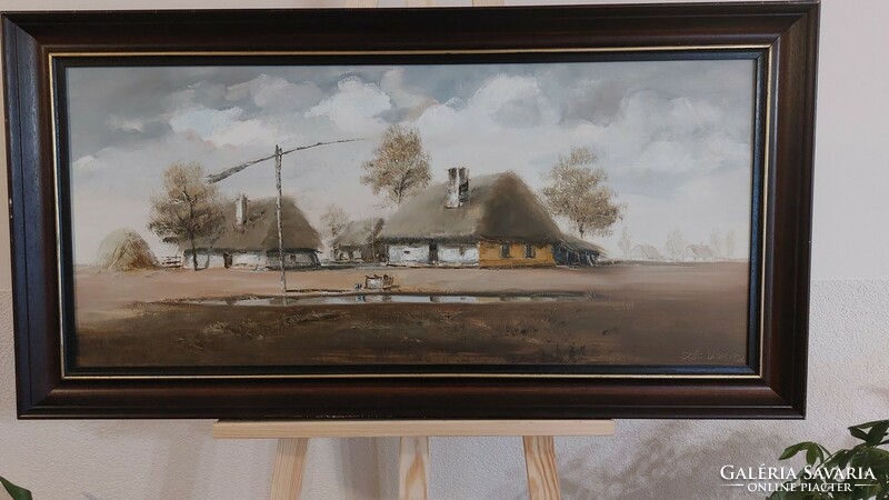 (K) Szőcs László szép tájképfestménye 99x52 cm kerettel tanya gémeskúttal