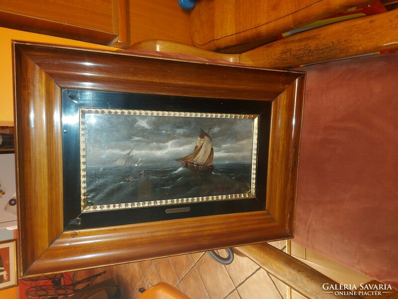 G.Ottini festmény, tenger, hajózás, olaj, vászon, eredeti keretében, réztáblával, 26x53/54×81 cm