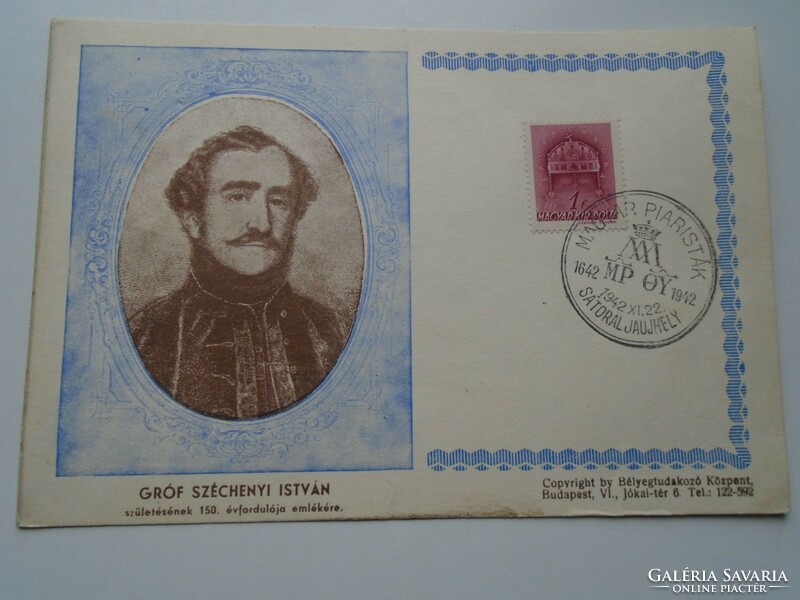 D192255 commemorative sheet Count István Széchenyi Hungarian Piarists commemorative stamp sátoraljaújhely 1942