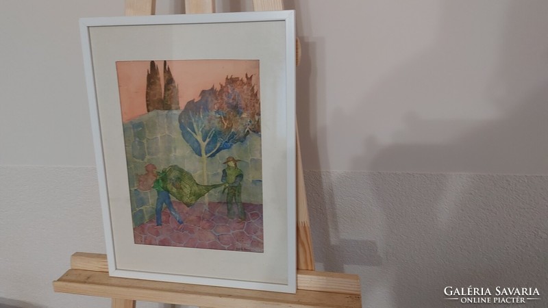 (K) Kudász Emese akvarellje 32x41 cm kerettel Madár a hálóban