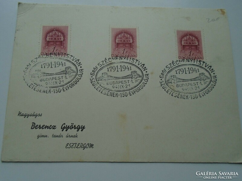 D192431Emlékbélyegzés-Alkalmi bélyegzés Gróf Széchenyi István Budapest 1941-Berencz György Esztergom