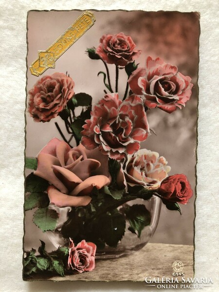 Antique, old colored rose flower postcard -2.
