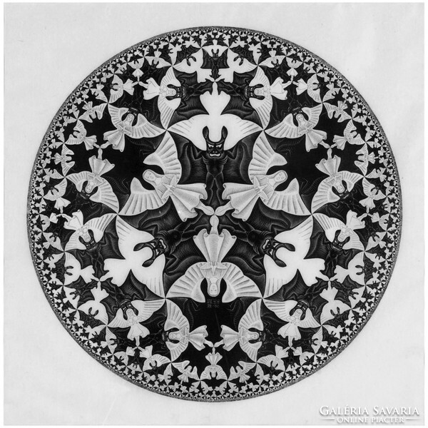 M. C. Escher grafika: Angyalok és démonok REPRINT nyomat, szárnyas ördög denevér geometriai játék