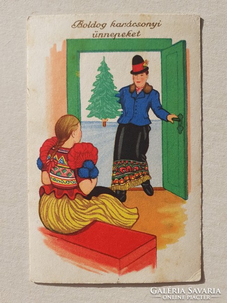 Régi karácsonyi képeslap 1940 rajzos levelezőlap fenyőfa népviselet
