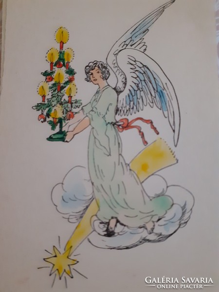 Old Christmas postcard style postcard with angel Christmas tree