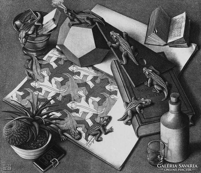 M. C. Escher grafika: Hüllők REPRINT nyomat, 3d térjáték illúzió geometria csendélet fekete fehér