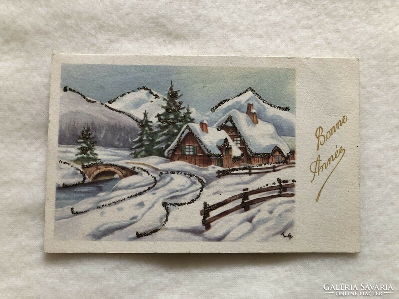 Antik, régi glitteres Karácsonyi képeslap             -2.