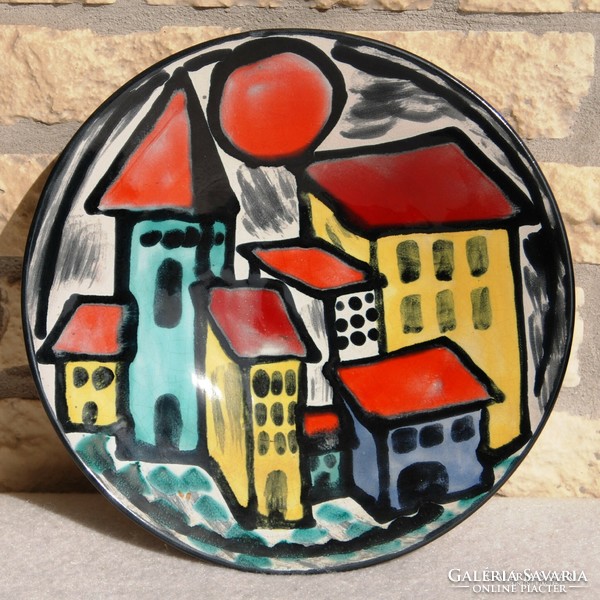 Reguly ceramics: cityscape - hand painted wall bowl