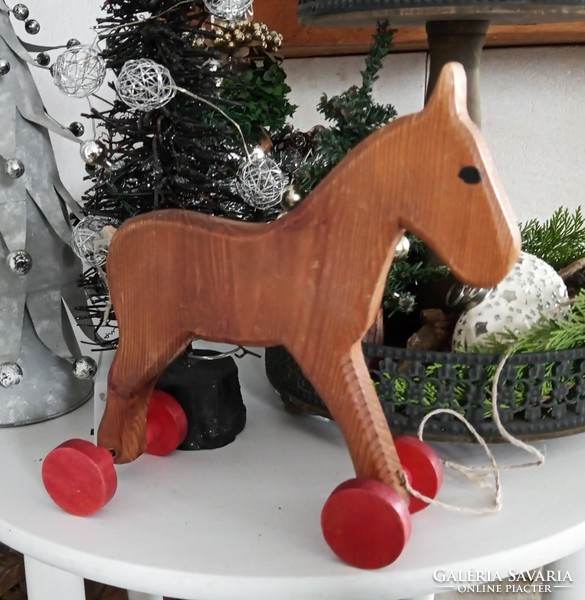 Old rolling wooden horse children's toy 22x24cm