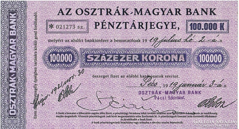 Hungary 100,000 Austro-Hungarian kroner banknote 1919 replica