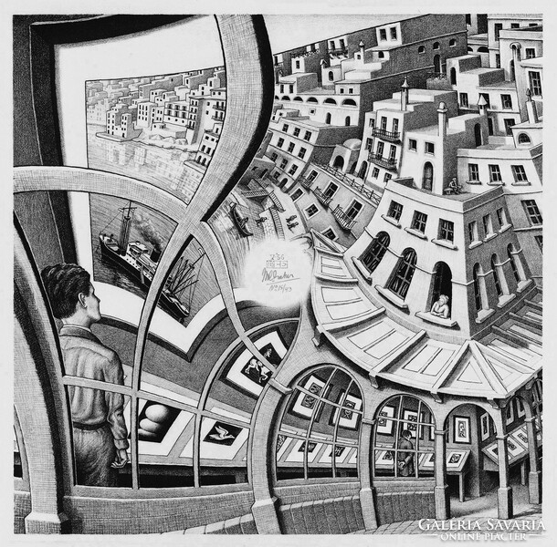 M. C. Escher graphics: image gallery reprint print, 3d illusion geometric game cityscape black and white