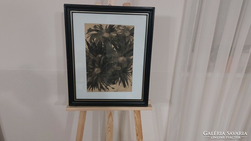 (K) Érdekes fekete virágok festmény 46x57 cm kerettel