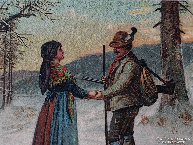 Régi újévi képeslap 1902 E. Döcker művészrajz levelezőlap erdő vadász