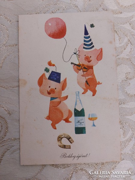 Régi újévi képeslap rajzos levelezőlap lóhere pezsgő malac szerencsepatkó