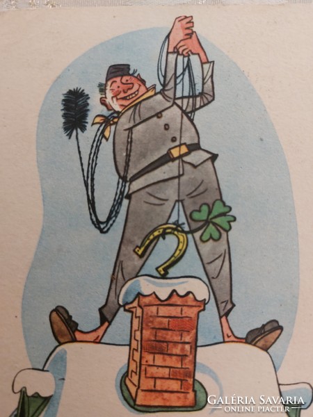 Régi újévi képeslap rajzos levelezőlap lóhere kéményseprő szerencsepatkó