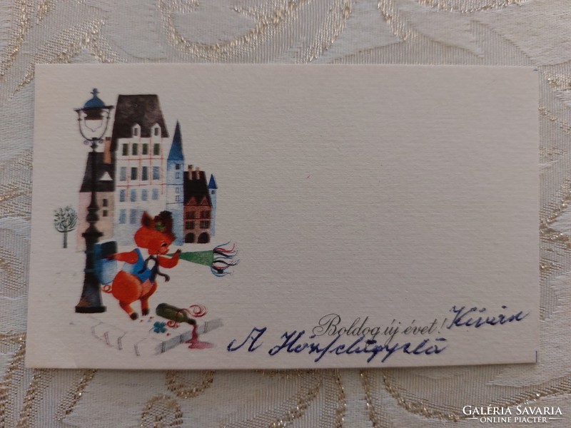 Régi mini képeslap 1967 újévi levelezőlap üdvözlőkártya malac pezsgő lóhere