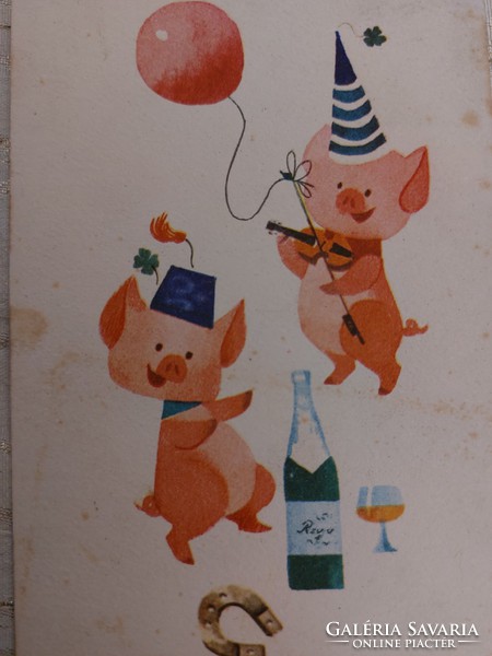 Régi újévi képeslap rajzos levelezőlap lóhere pezsgő malac szerencsepatkó