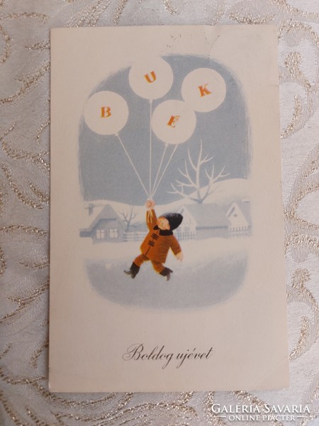 Old New Year postcard style postcard snowy landscape with little boy balloon