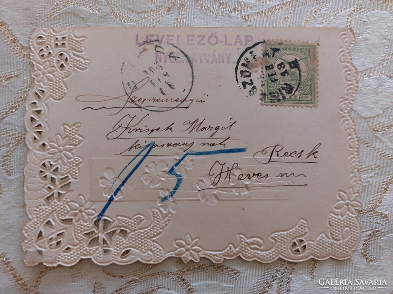Régi mini képeslap 1903 levelezőlap csipkés növénymintás dombornyomott