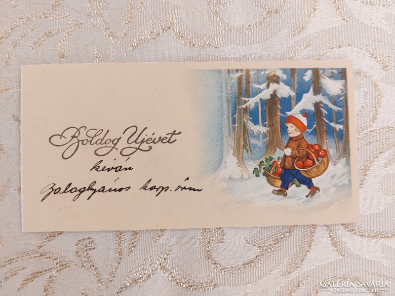 Régi újévi mini képeslap levelezőlap üdvözlőkártya kisfiú erdő lóhere gomba