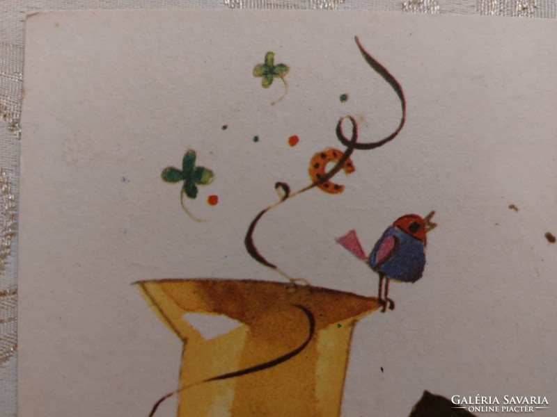 Régi újévi képeslap rajzos levelezőlap trombita lóhere cica madár szerencsepatkó