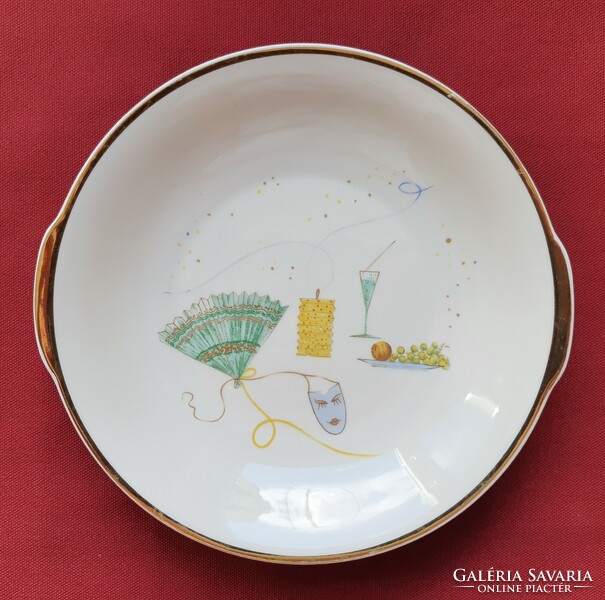 Bavaria német porcelán tálaló kínáló tányér tál arany széllel ritka szilveszteri farsangi mintával