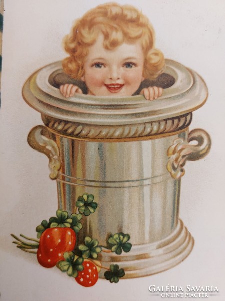 Old New Year postcard 1929 postcard clover mushroom champagne ice bucket baby