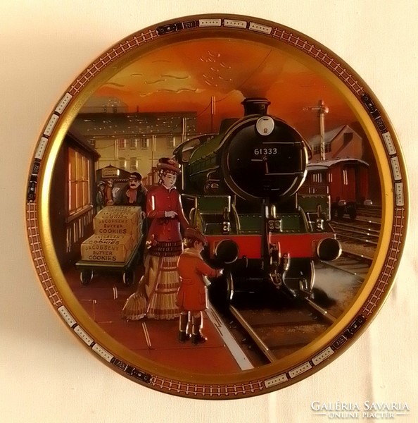 Nagy kerek fém fedeles csokis sütemény keksz tároló doboz nosztalgia vasút vonat pályaudvar jelenet