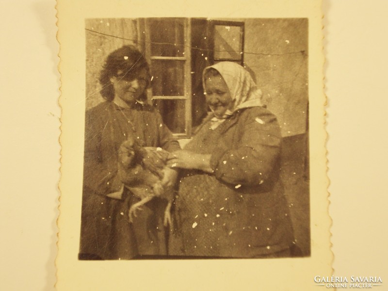 Old photo - girl, woman, headscarf, aunt, rooster, chicken, farmhouse - 1940s-1950s