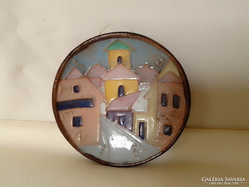 Marked small glazed ceramic bowl wall decoration plate grove Erika Szentendre houses street view 8 cm