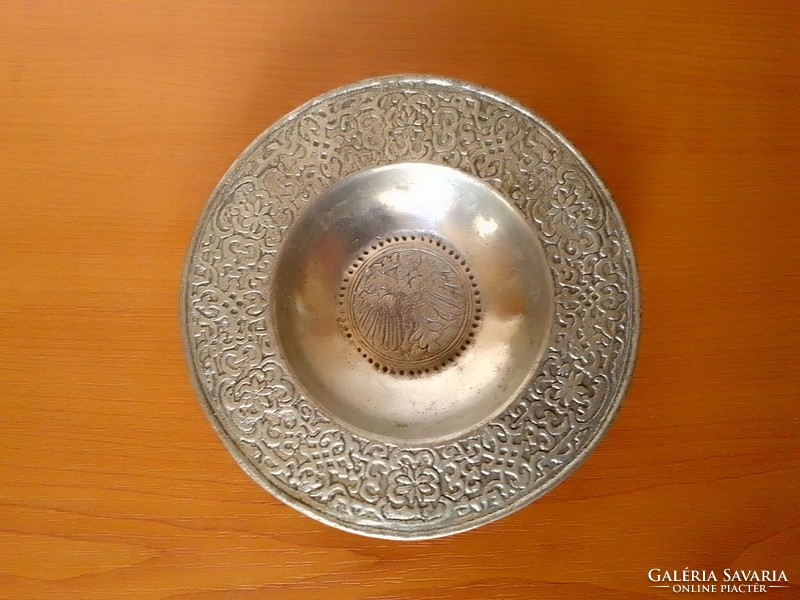 Antique old pewter metal decorative bowl, double-headed imperial eagle in the middle, arabesque pattern on the rim, flawless