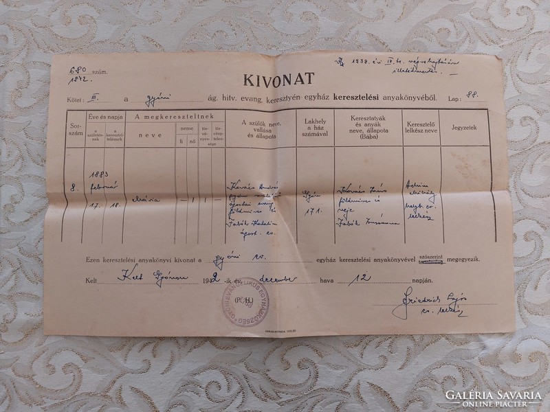 Régi egyházi dokumentum keresztelési anyakönyvi kivonat 1942
