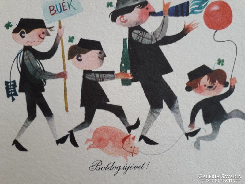 Old New Year postcard style postcard with chimney sweep pig clover