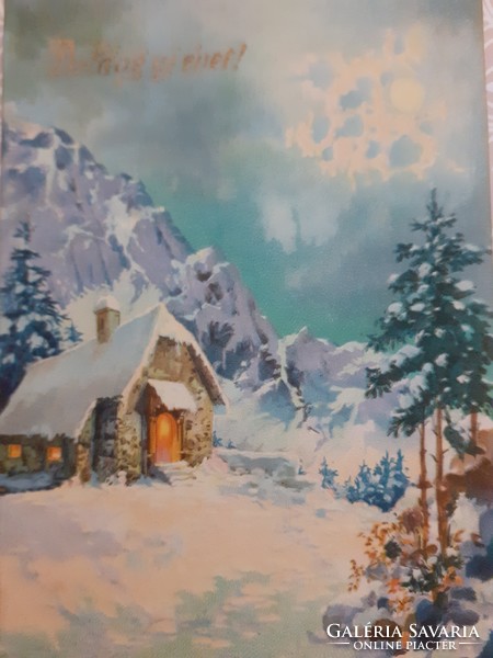 Régi újévi képeslap 1927 levelezőlap havas táj házikó